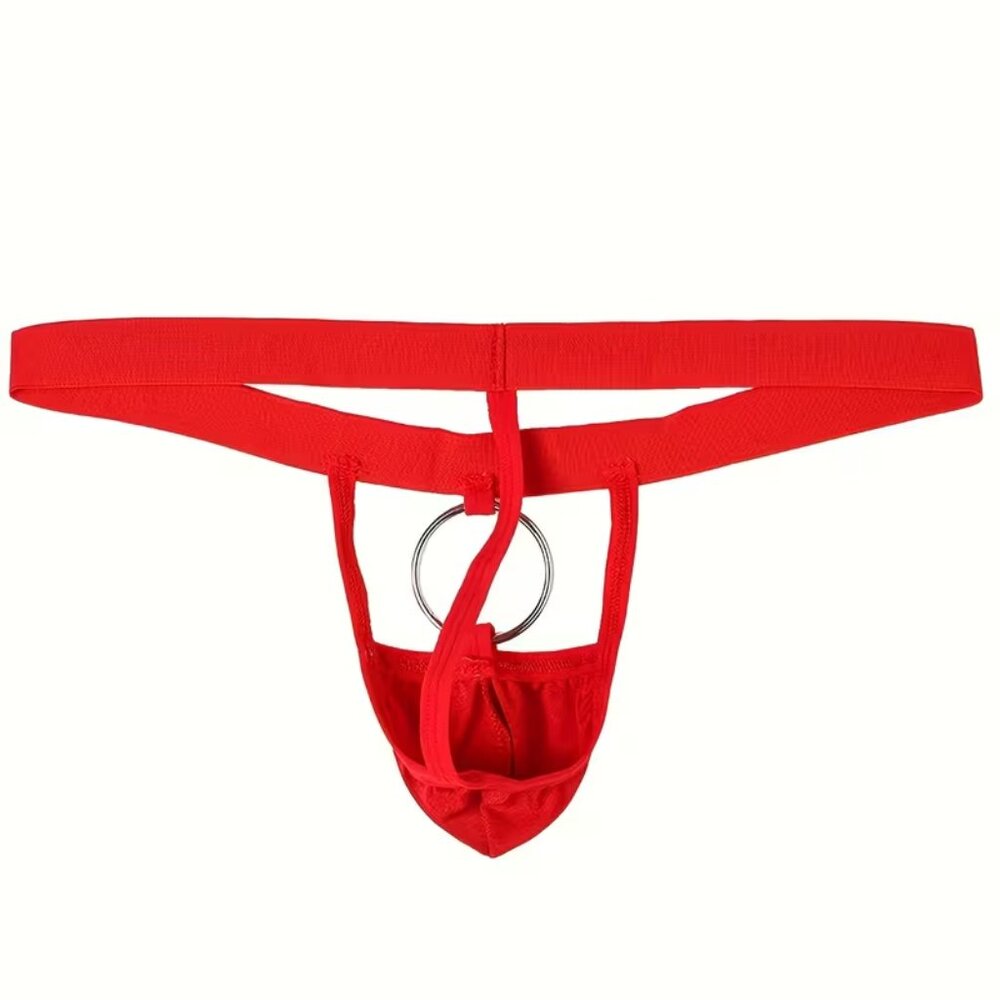 Men's Large Ring Pouch Pants, Wide-Band Webbing G-String, Low-Waist Hollow-Out